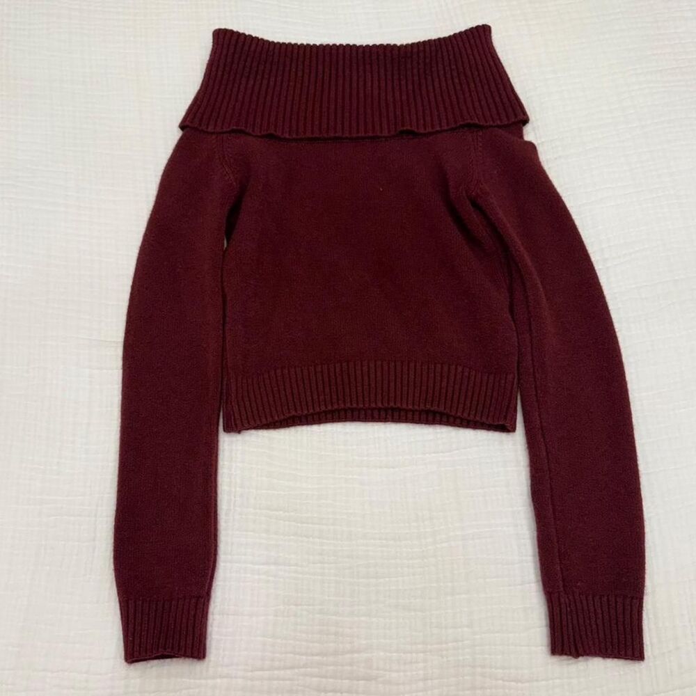 subdued burgundy cropped off shoulder knit sweater